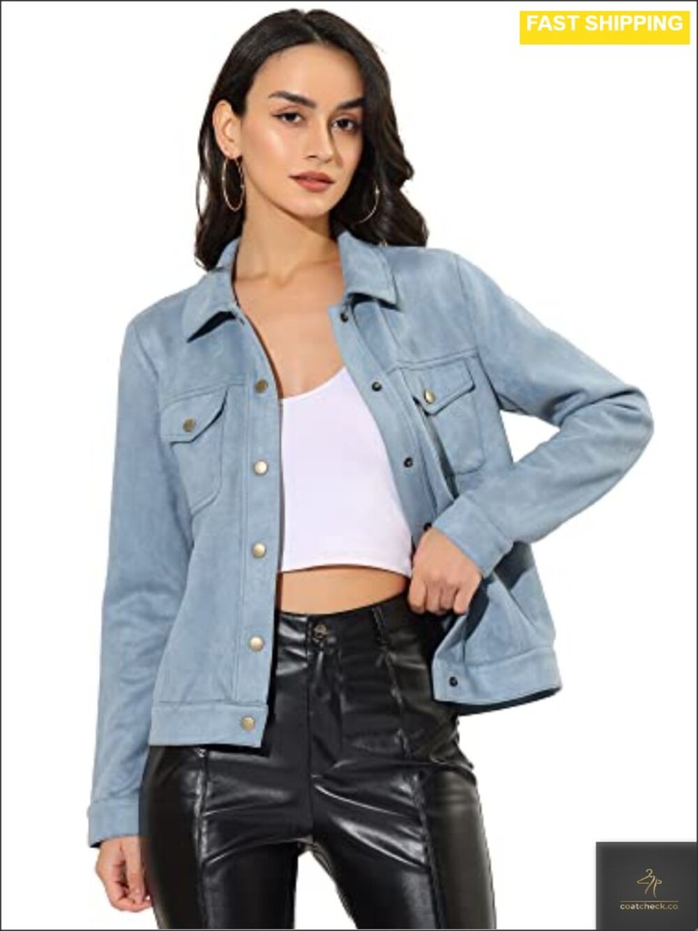 Faux Suede Shacket Snap Front Collared Loose Fit Casual Jacket